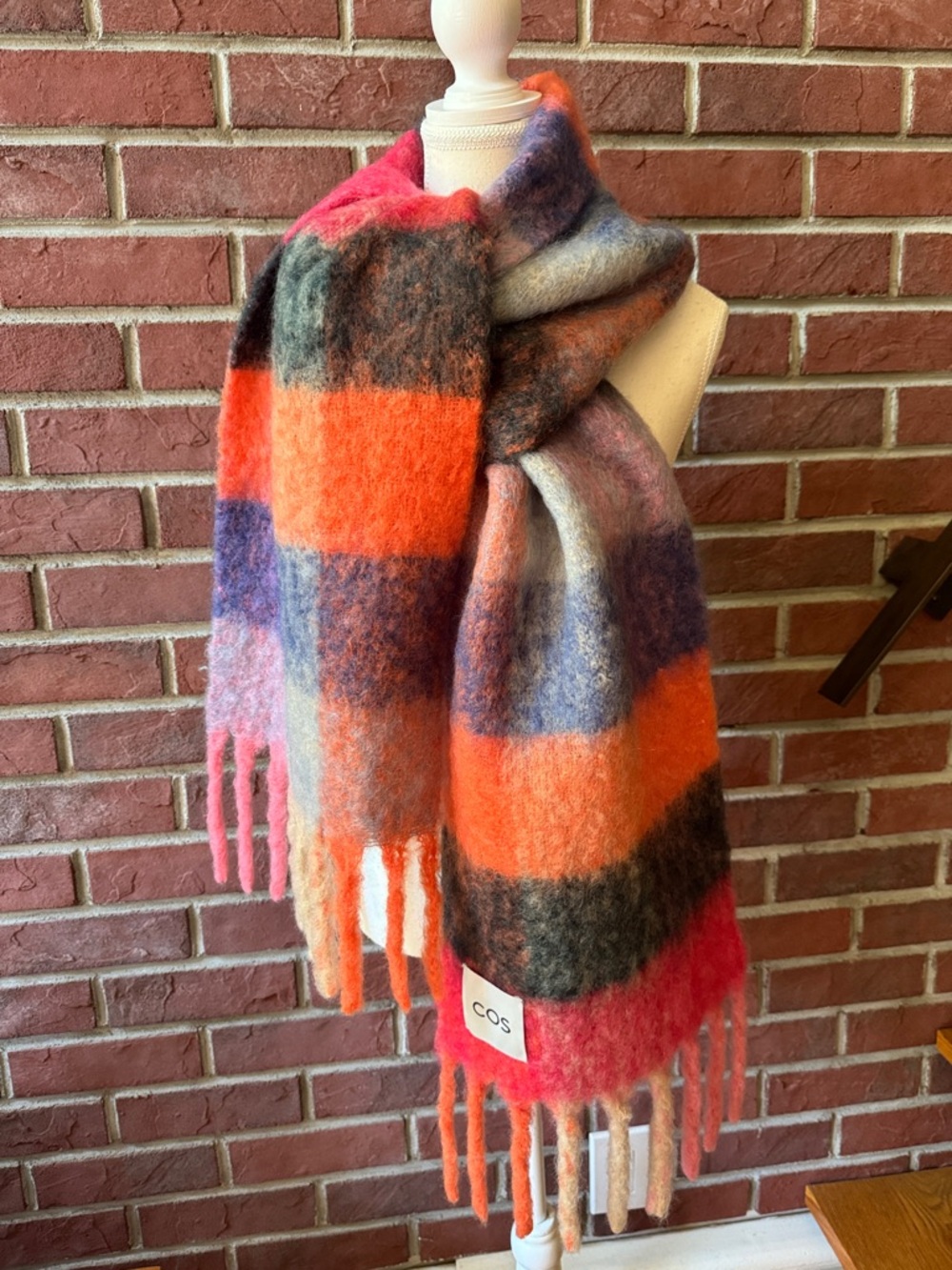 COS Oversized Mohair Wool Blend Scarf Multicolor Plaid 13”x90” NWOT